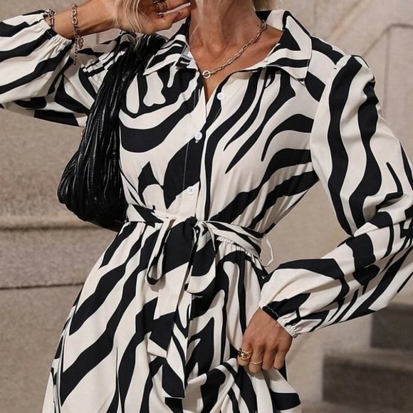 zebra print belted ruffle hem shirt dress - Picture 5 of 6